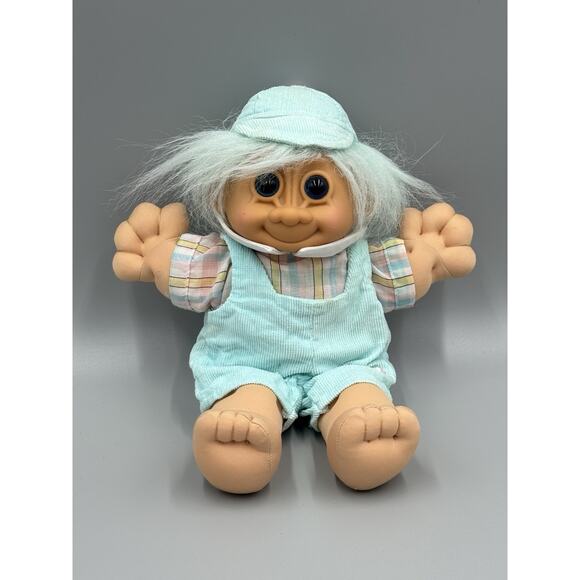 Vintage Russ Troll Kidz Plush Doll Boy with Teal Clothes Overalls 11” - Picture 1 of 9